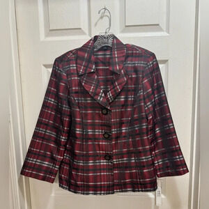 Preston & York Plaid Button Up Lightweight Jacket Red Black Holiday Career Sz 8